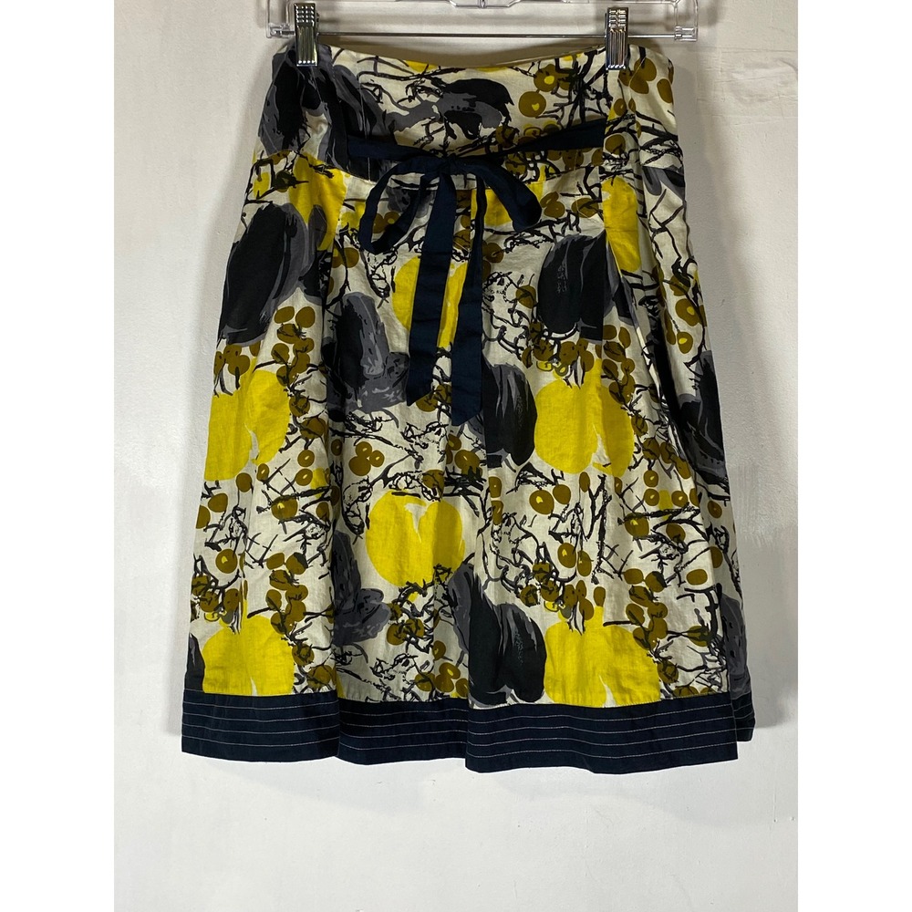 Yellow Black Abstract Botanical A-Line Skirt Belted Pocket Cottagecore S Prairie